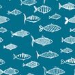 © Sunny_Smile - Hand drawn line art seamless pattern with many white lined different fish on blue background.Print cards,invitations,design