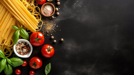 italian spaghetti on dark black board background, above top view, text copy space, uncooked raw ital
