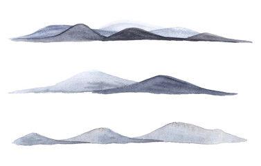 Set of loose watercolor hills in blue grey colors.Scape with hills isolated on white background.Aquarelle element,environment concept.