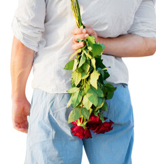 Canvas Print - Man hiding bouquet of roses from woman at seaside