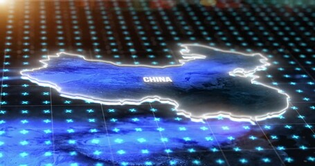 Aufkleber - Digital, world and china on an information technology or virtual map for global networking or connectivity. Future, big data and grid for innovation, research or telecommunication on planet earth