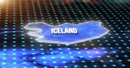Aufkleber - Digital map, country location and hologram of Iceland with blue light, gps pin and 3d rendering. Technology, data and matrix of global position on radar, virtual reality or simulation of coordinates.