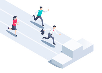 Wall Mural - isometric vector illustration on a white background, people in business clothes run along the path to the pedestal, business competition or the path to success