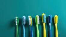 Blue Toothbrushes Green And Yellow On A Blue Background. Generative AI.