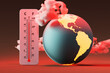 Earth experiencing extreme high temperatures and a thermometer showing high temperatures, 3d rendering