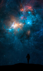 Wall Mural - space background. astronaut silhouette walk on land in colorful fractal blue nebula. digital paintin