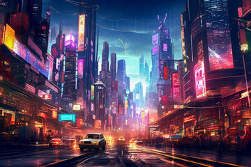 A futuristic cityscape with vibrant, glowing billboards illuminating the skyline, creating a mesmerizing display of lights and colors.