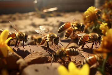 Wall Mural - Flying honey bee collecting pollen at yellow flower. Bee flying over the yellow flower in blur background