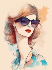 Wall Mural - Portrait of a woman with sunglasses, vintage, watercolor art.