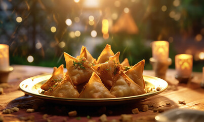 Wall Mural - Vegetarian samsa or samosas.Indian special traditional street food punjabi samosa