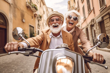 retired happy couple on a scooter in a mediterranean country on a vacation. pension plan . high qual
