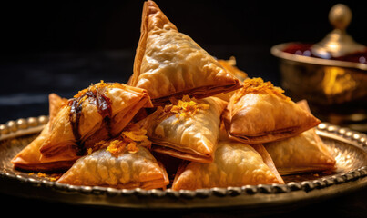 Wall Mural - Vegetarian samsa or samosas.Indian special traditional street food punjabi samosa