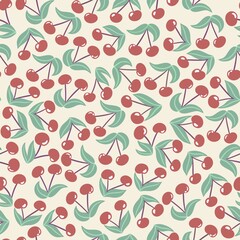 Hand drawn seamless pattern with red cherry berries green leaves on beige background. Retro vintage neutral pastel design for kitchen fabric nursery decor, cherries print cute simple minimalist summer