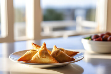 Wall Mural - Vegetarian samsa or samosas.Indian special traditional street food punjabi samosa