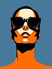 Wall Mural - Young beautiful fashion woman with sunglasses looking up. Abstract female portrait, contemporary design, vector illustration