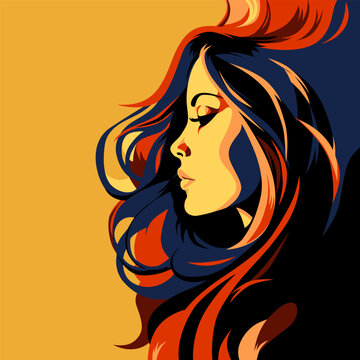Profile of young beautiful fashion woman with long hair. Abstract female portrait, contemporary design, vector illustration