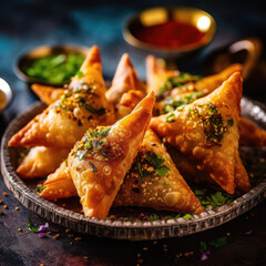 Wall Mural - Vegetarian samsa or samosas.Indian special traditional street food punjabi samosa