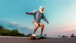 © Lee John - Bearded elderly man Riding skateboard. Old man is riding a skateboard
