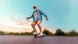 © Lee John - Bearded elderly man Riding skateboard. Old man is riding a skateboard