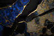 Generative AI illustration of black and blue marble effect background with thin threads and glitters of gold