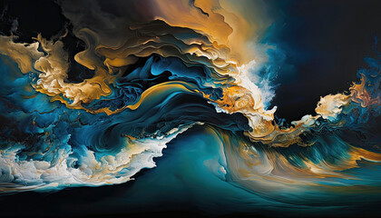 Wall Mural - Absolutely stunning Generative Ai illustration of wave and cloud texture combined to create abstract surreal landscape background in gold and blue artwork