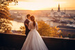 Happy bride and groom in wedding portrait standing in sunset