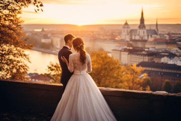 Happy bride and groom in wedding portrait standing in sunset