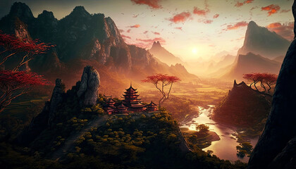 Wall Mural - Generative AI illustration epic landscape of Asian landscape inspired mountain range and river flowing through valley during golden hour sunrise