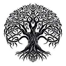 Yggdrasil Tree, Vector Isolated On White Background, Tree Of Life, Vector Illustration.