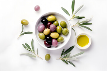 Wall Mural - Delicious black, green and red olives with leaves in a bowl, isolated on white background, view from above. AI generated