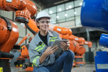 Wall Mural - Portrait of Female Automotive Industry 4.0 Engineer in Safety Uniform Using Laptop at Car Factory Facility. Assembly Plant. engineer working at automated AI robotic production factory..