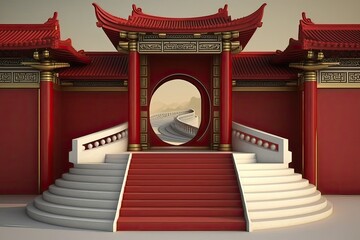 Wall Mural - modern building with red facade, stairs, and a mirrored surface. generative ai