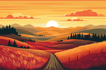 Vector flat landscape illustration of countryside nature view in sunset