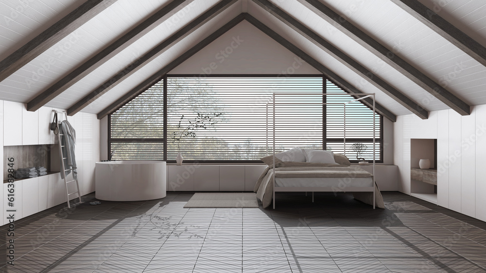 Image result for Penthouse interior design, minimal bedroom and bathroom with sloping dark wooden ceiling and big ...