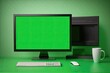 desktop computer with a green screen on a desk. Generative AI
