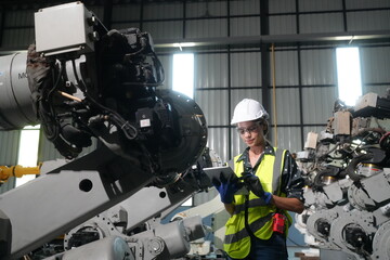 Wall Mural - Female Automotive Engineer Wearing Hard Hat, Standing, Using Laptop. Monitoring, Control, Equipment Production. Automated Robot Arm Assembly Line Manufacturing Electric Vehicle