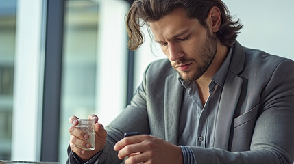 photo of a Millennial man taking antibiotic antidepressant painkiller pill medication to relieve pain at home, stress or flu, ai generative