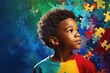 Fictional black girl child with puzzle pieces. Concept for Disability Pride Month, world brain day, mental health and brain neurological health, autism spectrum disorder. 