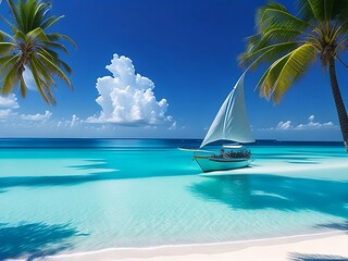 tropical beach in Maldives with palm trees and boat 3d render