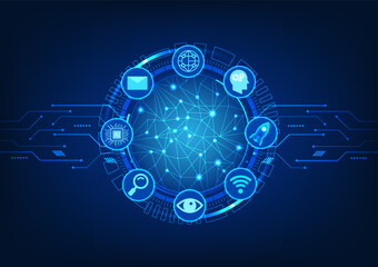 network technology processor along with technology circles with technology icons gathers information