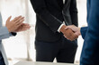 © kamiphotos - Two businessmen holding hands, Two businessmen are agreeing on business together and shaking hands after a successful negotiation. Handshaking is a Western greeting or congratulation.