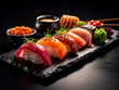 © Богдан Бурий - Sashimi sushi set with soy on black background. Generative AI