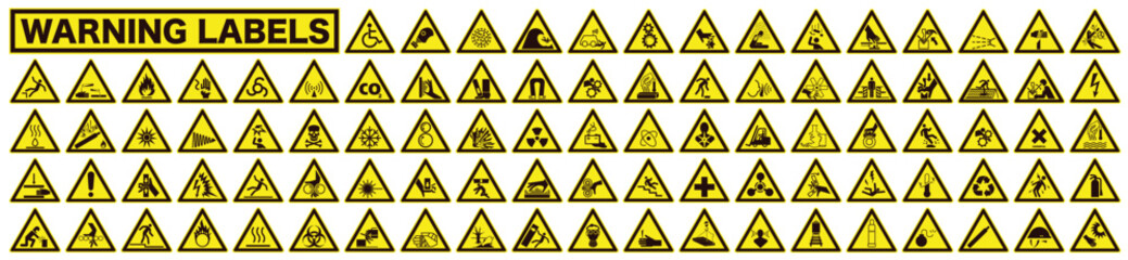 collection of warning and safety signs. set of safety and caution signs. triangular yellow signs.
