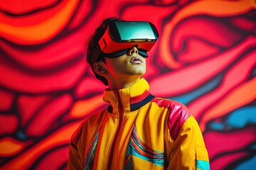 Portrait of a futuristic young man wearing virtual reality glasses.Generative Ai