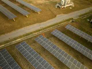 Aerial shot top view of solar panel photovoltaic farm