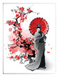A young girl with an umbrella under a sakura branch. Text - 