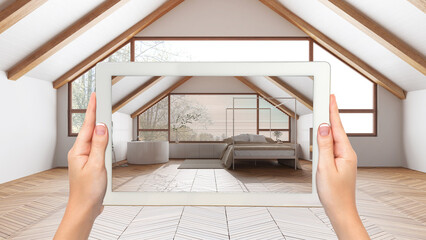 Wall Mural - augmented reality concept. hand holding tablet with ar application used to simulate furniture and de