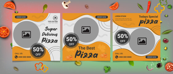 Special discount offer price of pizza banner template design for food post 2023 on social media. Suitable for restaurant and culinary digital Promotion. Red and Yellow background color shape vector.