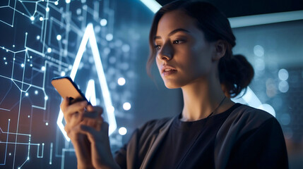 Beautiful women looking at smart phone with big data wave background. AI generative