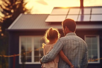 rear view of dad holding her little girl in arms and showing at their house with installed solar pan